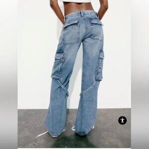 ZARA VIRAL TRF HEAVWEIGHT LOOSE CARGO JEANS MID RISE BELTED SIZE 0